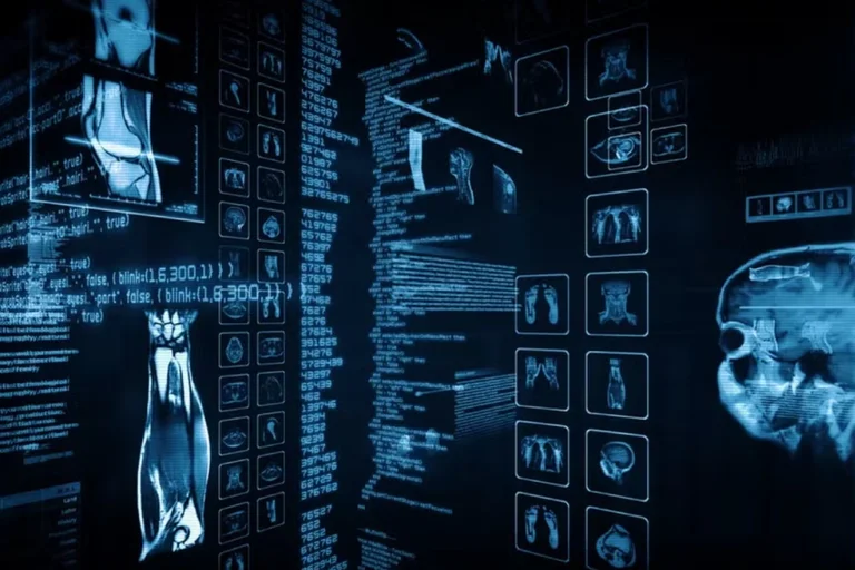 Medical renderings overlaid on a dark screen