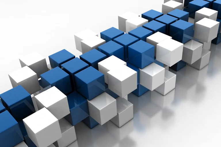 Blue and white 3D printed cubes stacked in a DNA-like strand